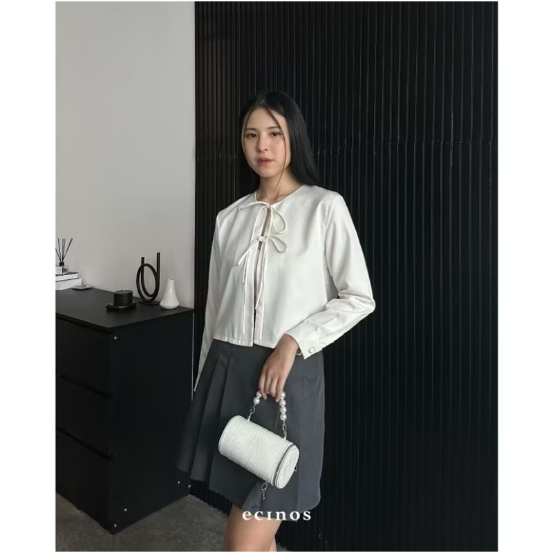 ECINOS - Solar Tie Top | White Top Ribbon | Atasan Putih Premium Ecinos | Kemeja Putih Crop Top Ecin