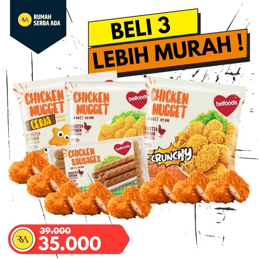 

PAKET PROMO 3PCS RANDOM BELFOODS Chicken Nugget 140-170gr/Ceria Naget/Crunchy/stik/Sausages