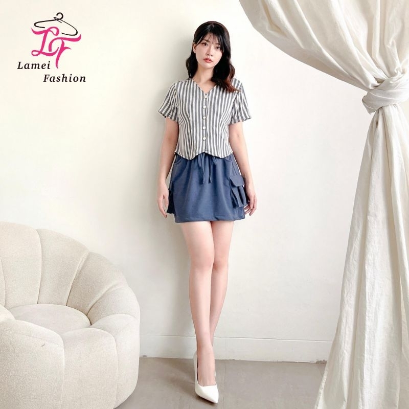 LAMEI [LFS2406] Korean Knit Oneset Mini Skirt + Striped Croptop Setelan Pendek Rajut Import Pendek W