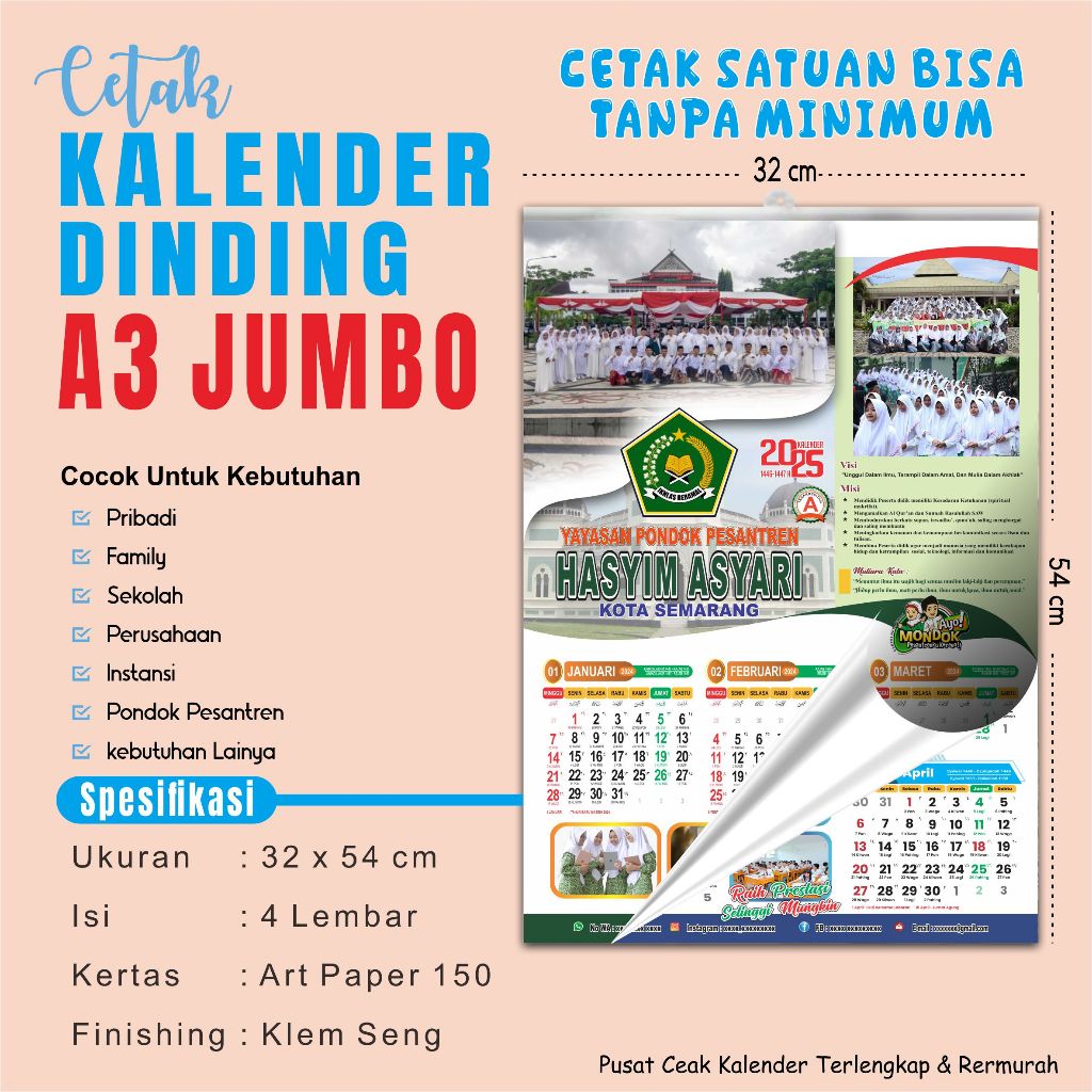 Kalender Dinding 2025 ( JUMBO  32 x 54 cm - 4 LEMBAR ) Custom Desain