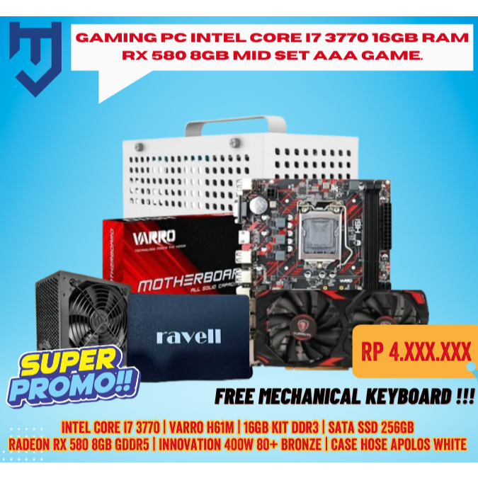 Gaming PC Intel Core I7 3770 16GB RAM RX 580 8GB Mid Set AAA Game.