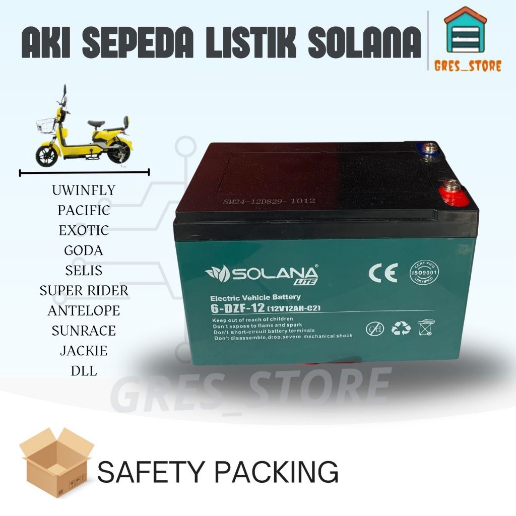 AKI SEPEDA LISTRIK 12Volt 12AH SOLANA 6dzf12 BATERAI SEPEDA LISTRIK 12AH SOLANA 12V 12AH SOLANA PREM