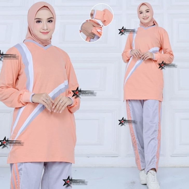 CUCIGUDANG Seragam Kaos Olahraga Senam Wanita Muslimah Model Tunik Lengan Panjang  Setelan Baju Olah