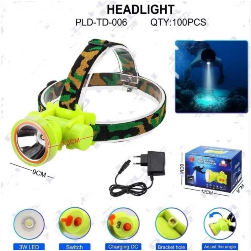 Senter kepala menyelam TD-006 cahaya kuning 50watt profesional diving lithum battery lam senter kepa