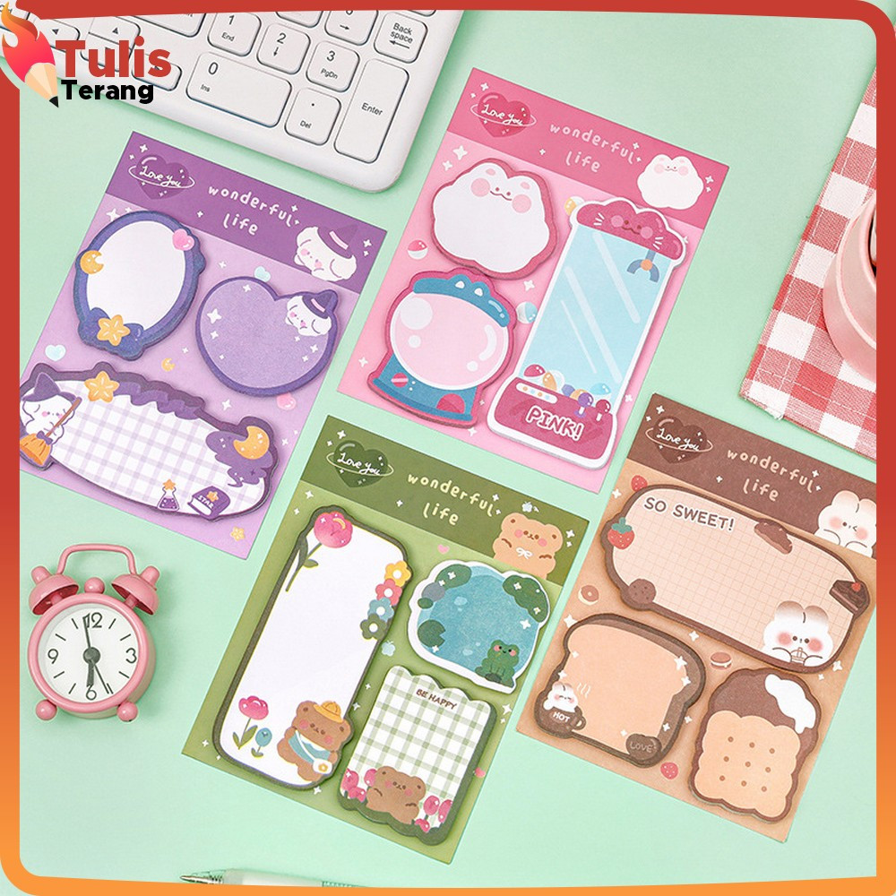 Sticky Note 3IN1 Tempelan Kertas Motif Kartun Bear Cat / Catatan Pembatas Buku 60 Lembar Kertas Memo