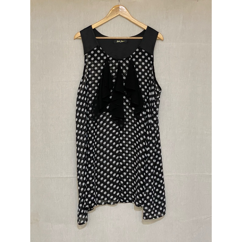 JS 187 pakaian wanita baju dress tanktop pendek tanpa lengan polkadot hitam putih