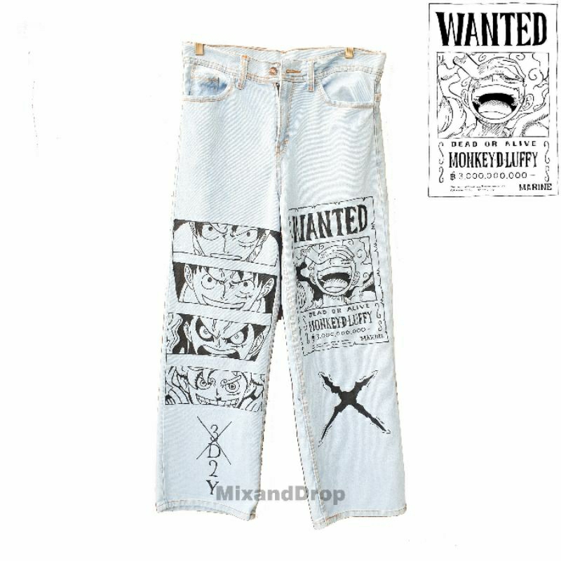 MONKEY D LUFFY Denim Long Pants Painted | Celana Loose Pants ONE PIECE Painted | Celana Anime | Cela