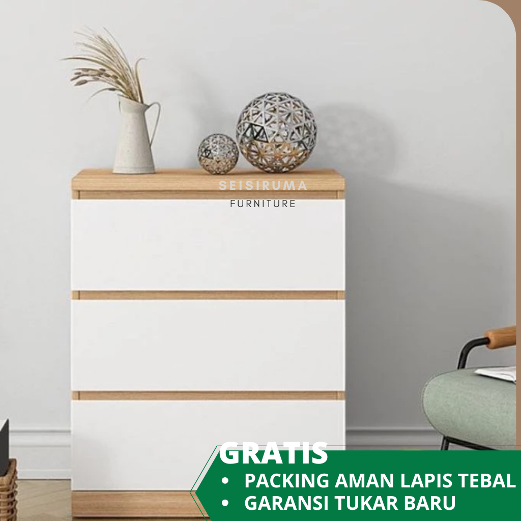 Meja Nakas Minimalis Bedside 3 Laci Samping Tempat Tidur untuk Kamar Tidur Modern