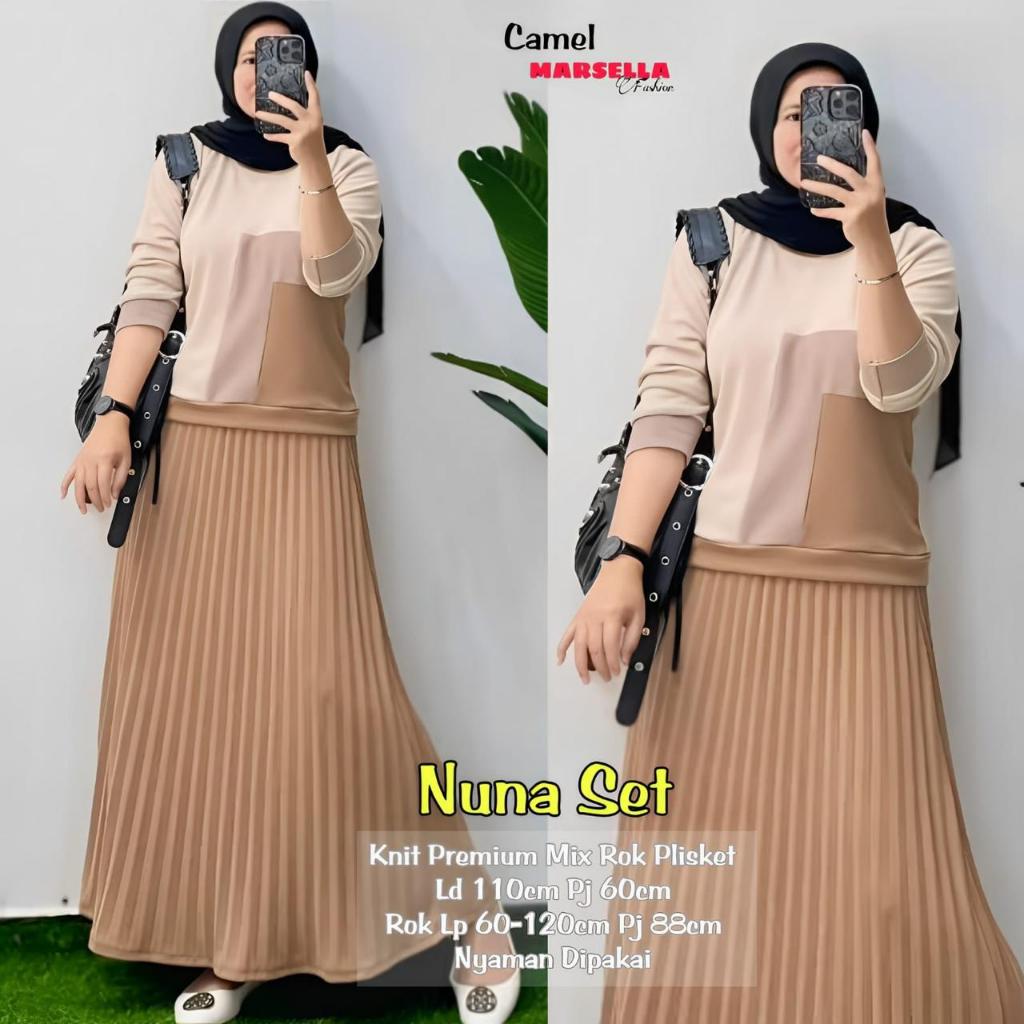 NUNA SET MARSELLA / SETELAN WANITA ATASAN MIX ROK BAHAN KNITT MIX PLISKET PREMIUM HQ