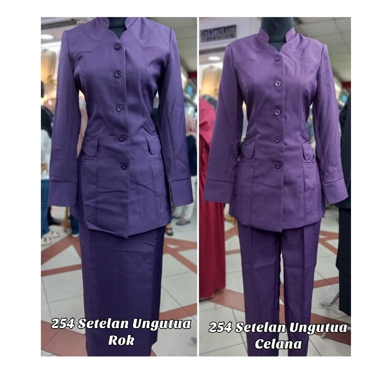 seragam baju kerja wanita stelan blazer rok dan celana warna ungu berbahan strait polyester ukuran s