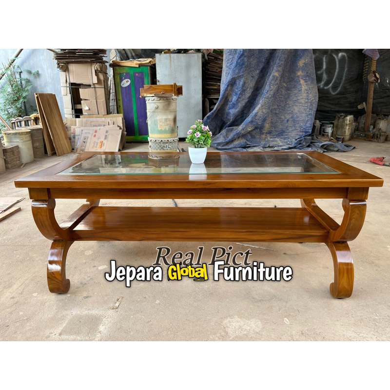 REAL PICT  Meja Tamu Top Kaca Bevel - Meja Tamu Minimalis Jati - Meja Kopi Jati - Meja Jati antik - 