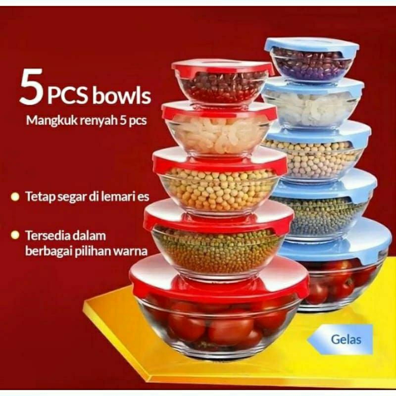 1 set isi 5 pcs Mangkok Kaca Fresh Plus Tutup
