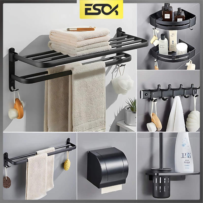 ESOK Rak Kamar Mandi Set Dan Peralatan Kamar Mandi Hitam Sikat Kloset Dan Tempat Tissue Gantung