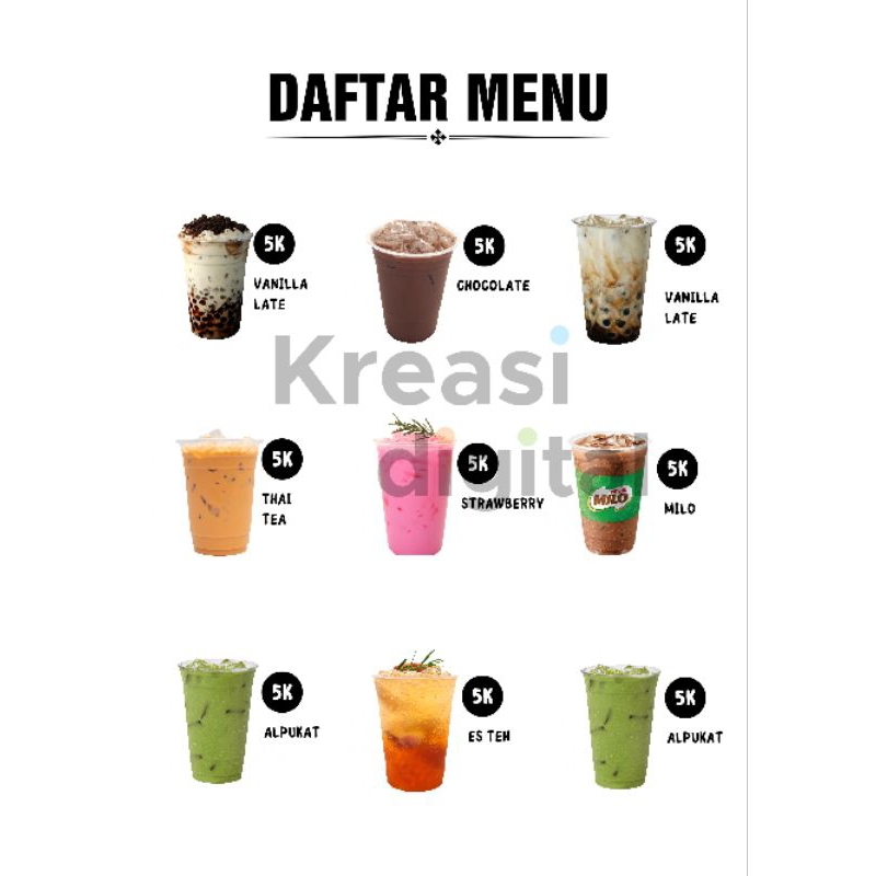 Daftar menu minuman boba, es teh digital, print A4