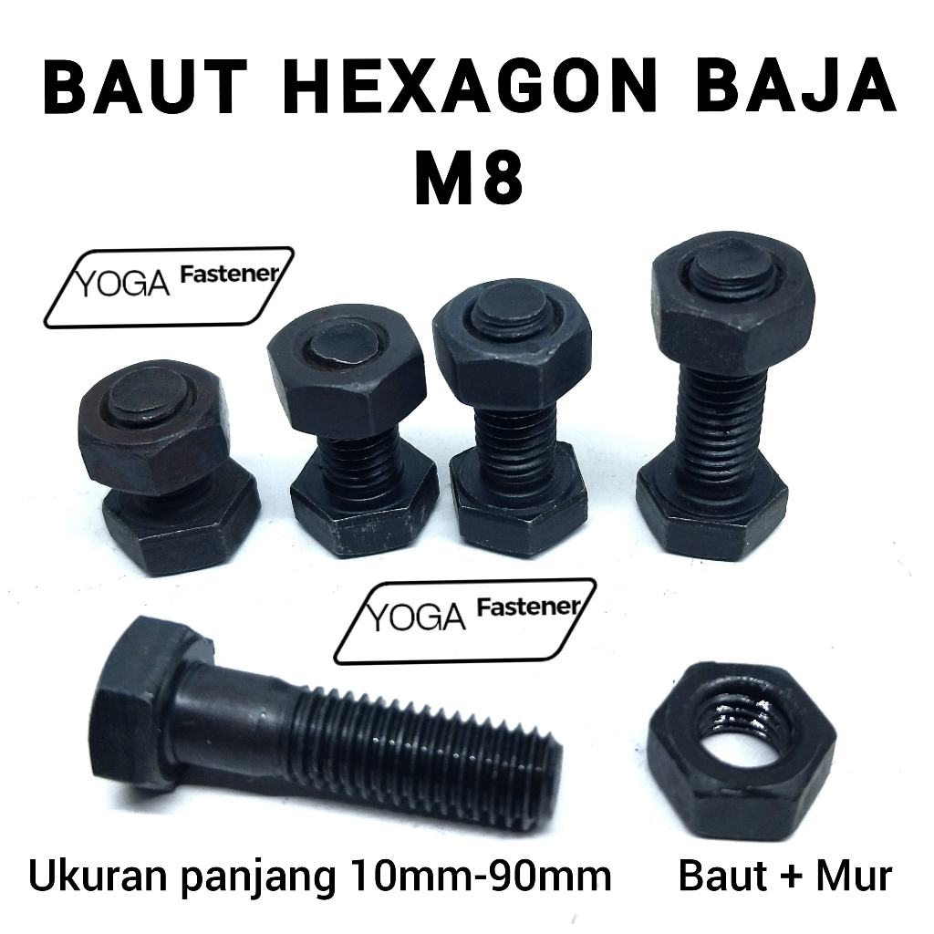 Baut Mur Hexagon Baja M8  kunci 13 ukuran panjang 10mm sampai 90mm hitam.