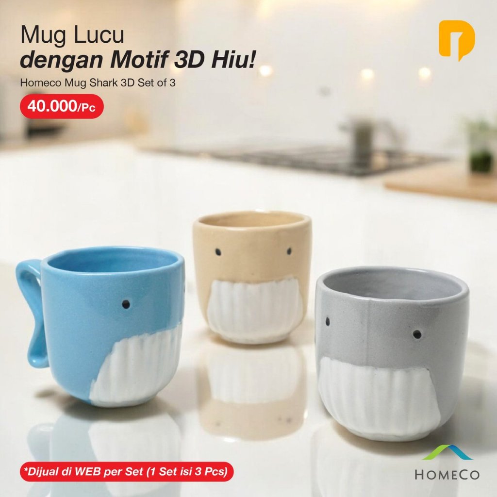 GELAS MUG Homeco Mug Shark 3D Set of 3
