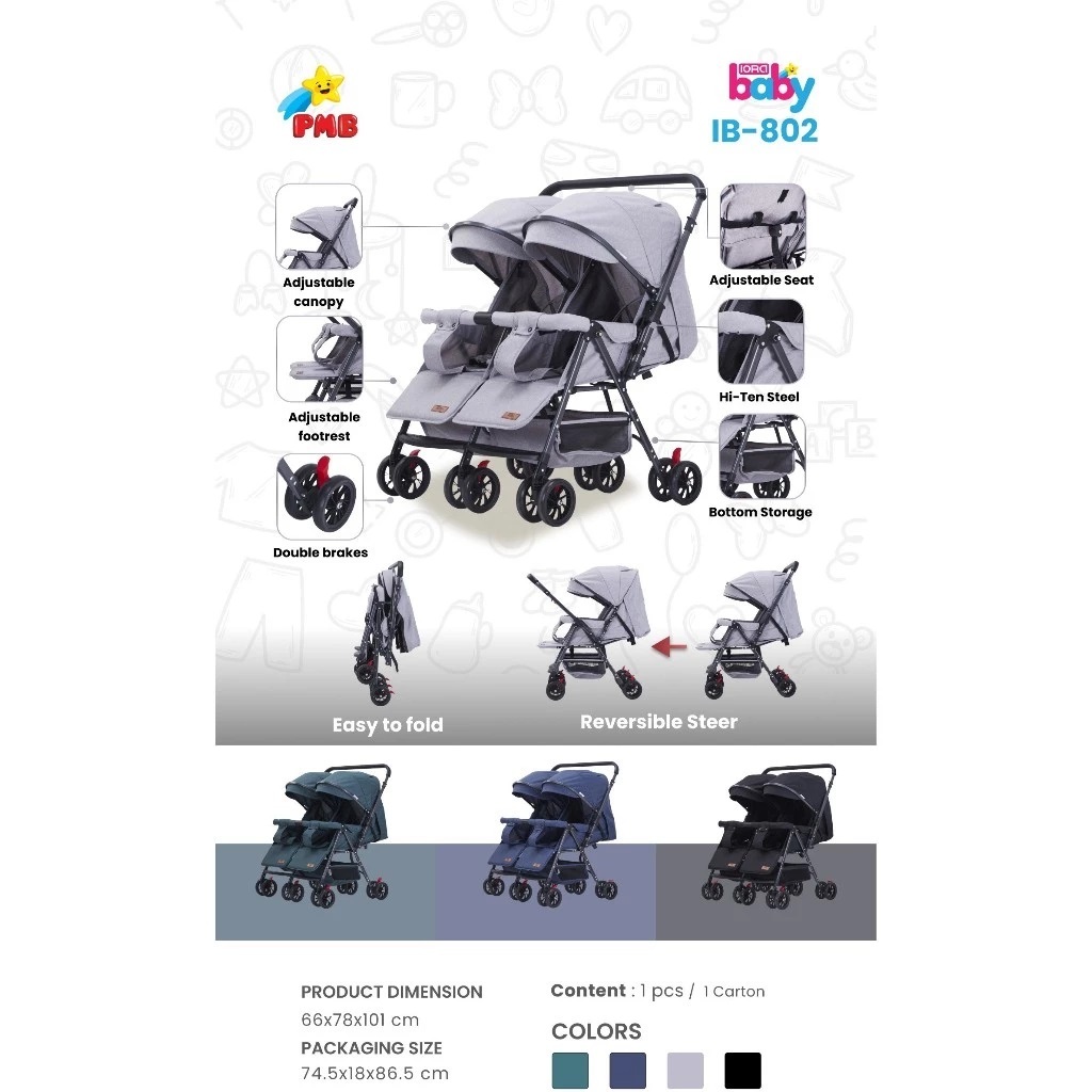 KERETA DORONG BAYI KEMBAR/STROLLER BABY TWIN/STROLLER BABY KEMBAR IORA PMB IB 802