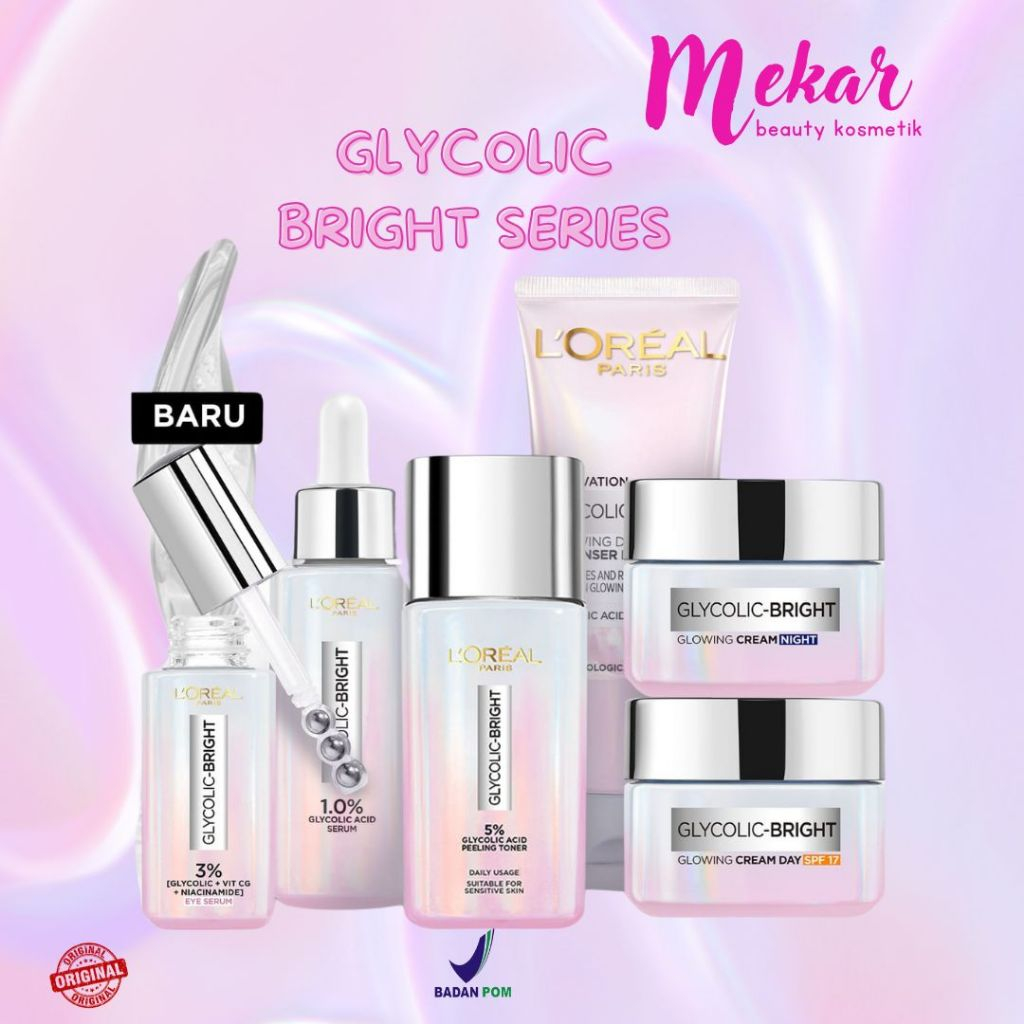 LOREAL Glycolic Bright Glowing Series/pelembab/cream siang/serum/eye cream/masker