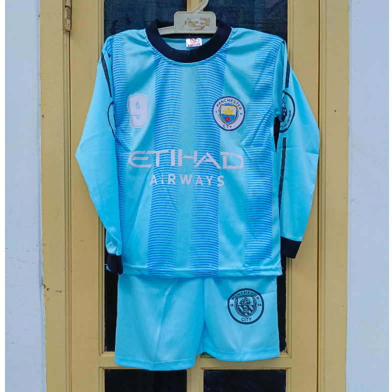 setelan baju sepakbola anak laki laki man city/ baju bola kiper lengan panjang +kaos kaki