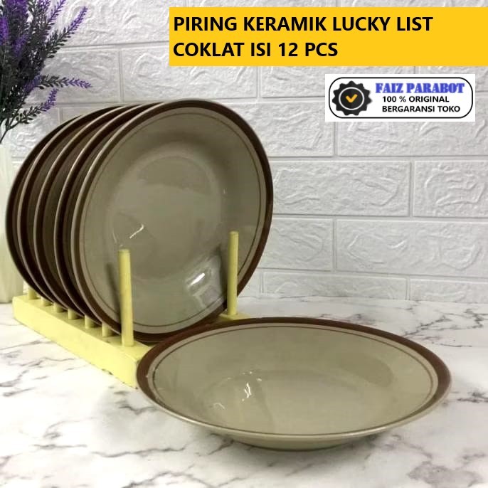 ( isi 12 pcs ) piring keramik List coklat Lucky / piring warteg