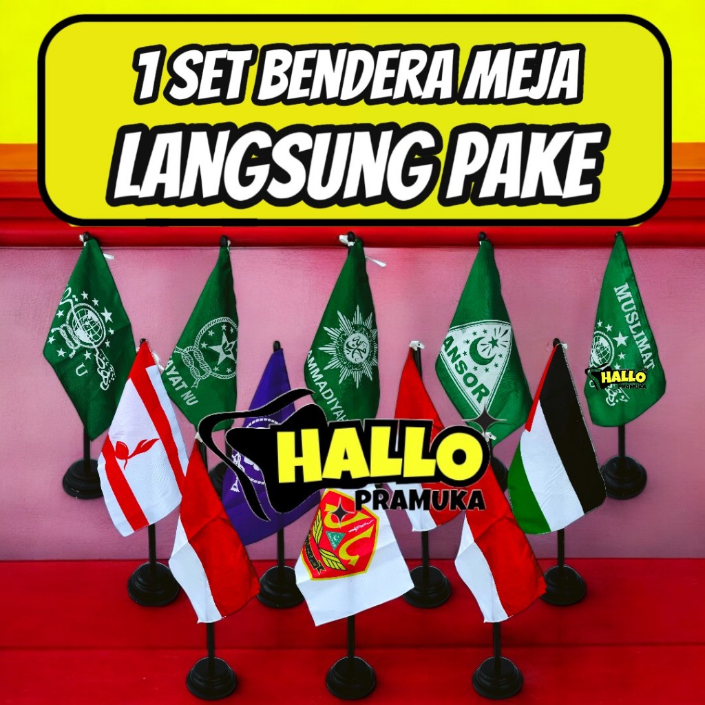 1 set Bendera meja langsung pake / mera putih /palestina / nu / wosm / ansor dll ( lengkap )