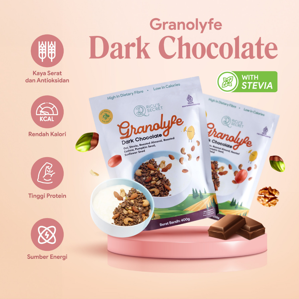 

RICU'S SECRET Granolyfe - Sereal Oat Gandum Granola Dark Chocolate Dengan Stevia (1 Pouch)