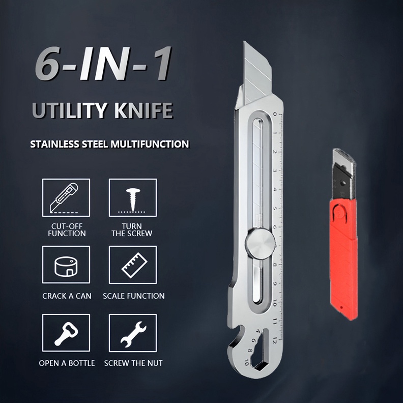 

ART F6G6 6in1 Pisau Cutter 18mm multifungsi baja cuter besi stainless besar 5pc mata pisau cutter pisau pemotong kertas