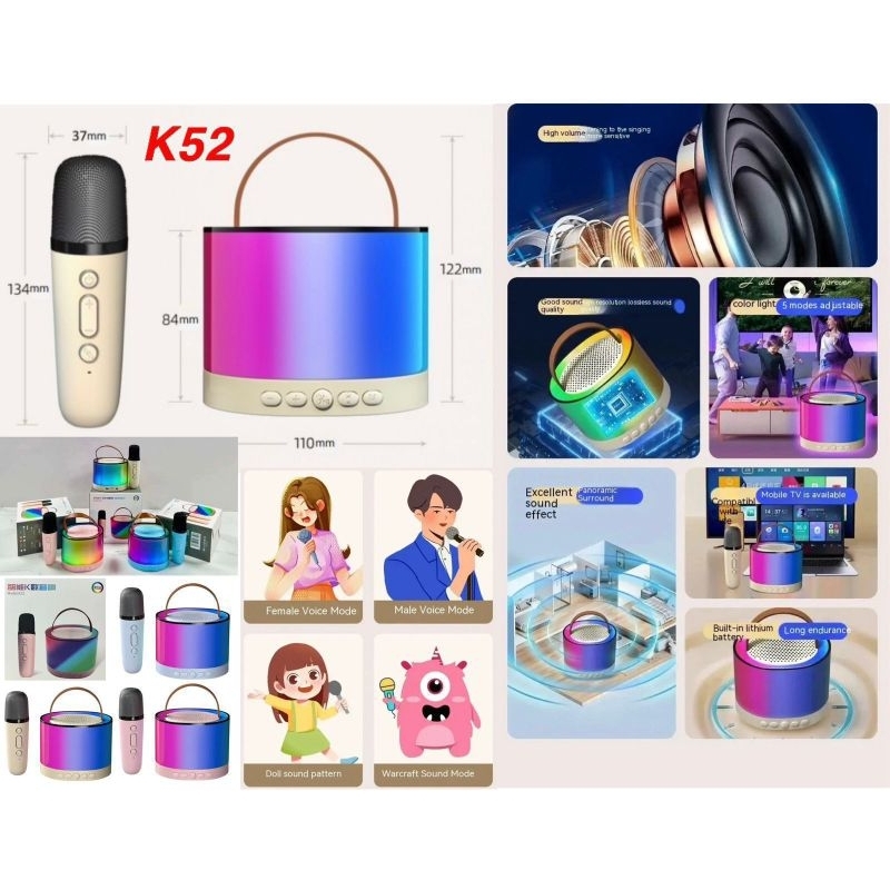 Speaker Bluetooth K52 Speaker Karaoke LED RGB Microphone Karaoke Wireless