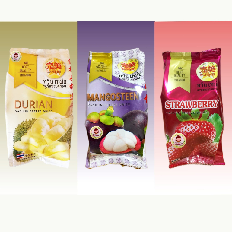 

.Snack Import | Eceran Wan Mei Durian, Strawberry, Manggis vacuum dried Buah kering thailand ( ds bgr )