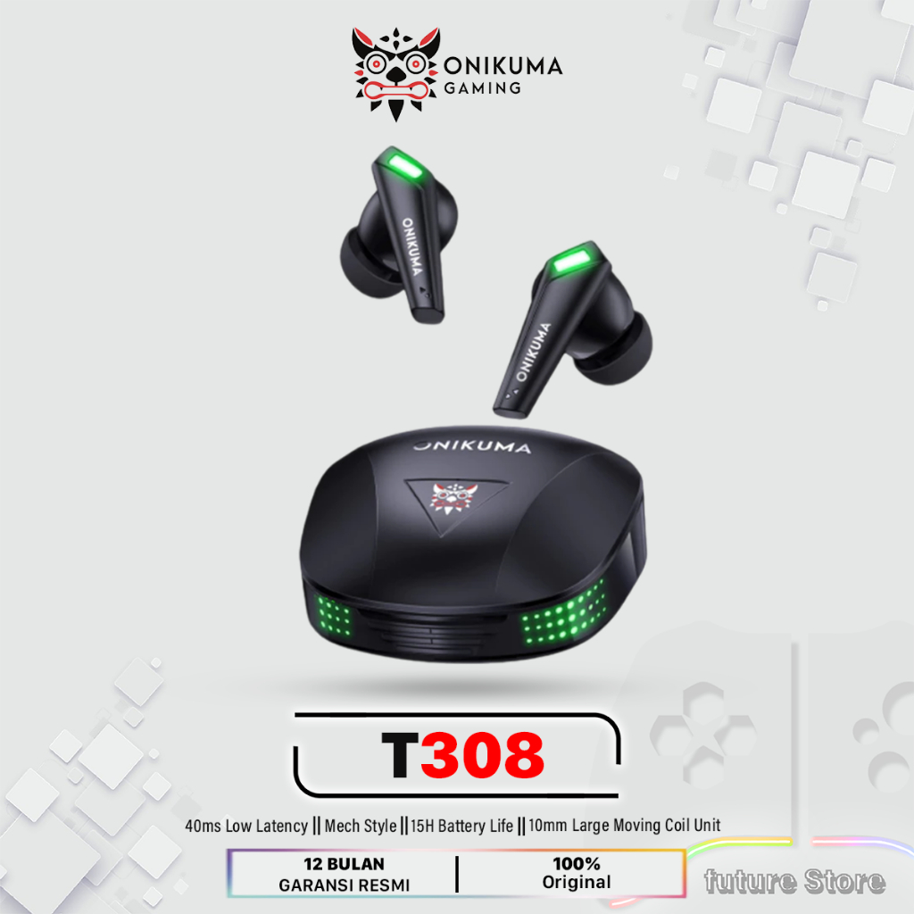 ONIKUMA T308 Headset Bluetooth TWS Gaming Earphone Kedap Suara Headphone - Black green LED BERGARANS