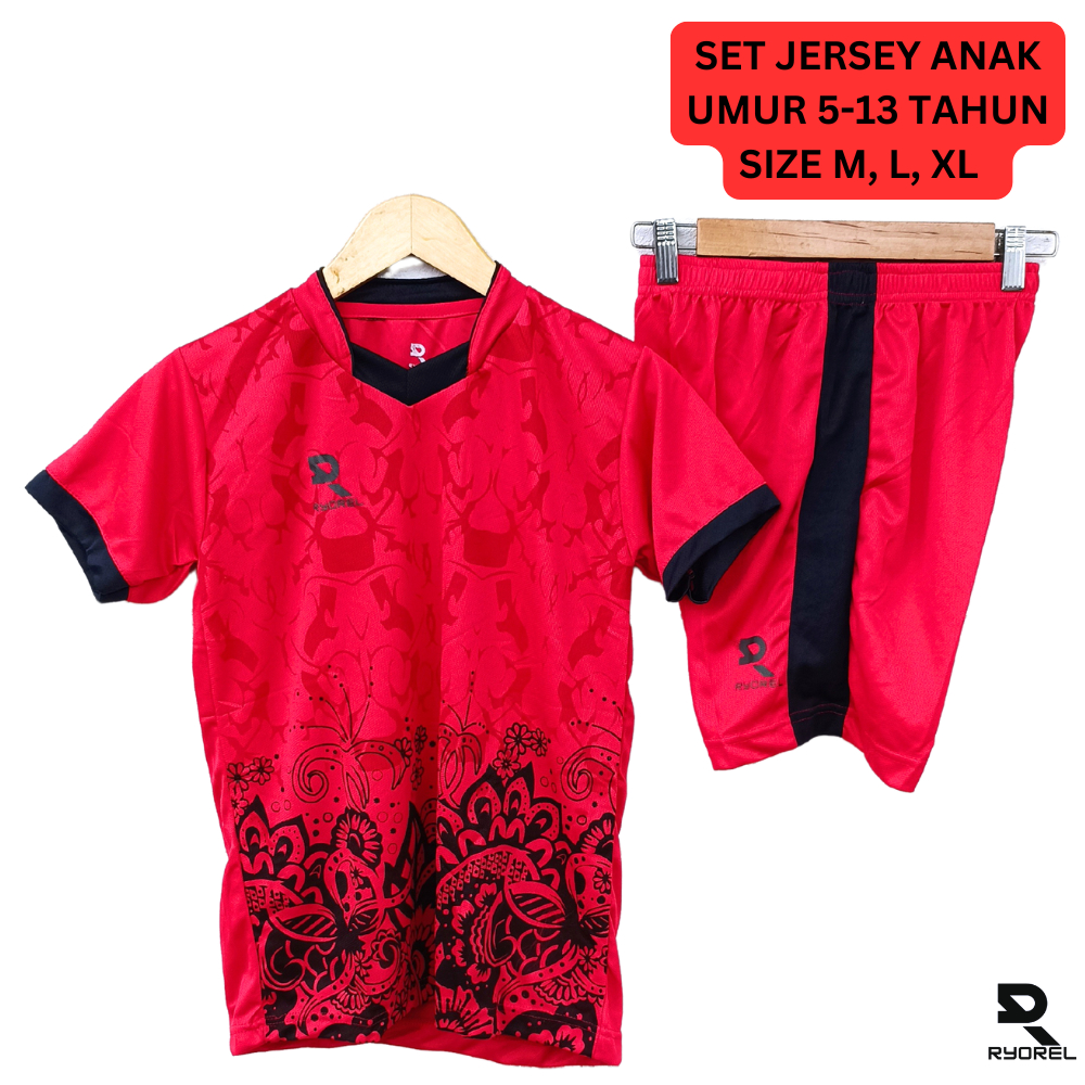 Setelan Jersey Anak Bola Sepakbola Futsal Ukuran Junior Putra Putri Baju Olahraga Motif Batik Merah