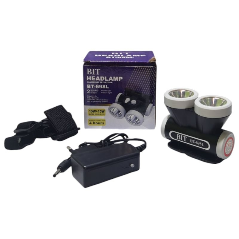 Senter Kepala BIT 15W+15W BT-698L 2 Lampu Cahaya Putih & Kuning 2in1 Original 100% ll Senter Kepala 