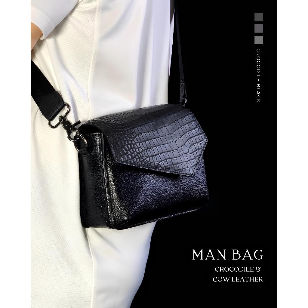 DCLUTCH | MEN'S croco leather bag - Genuine leather handbag crocodile and cow black doff, Custom gen