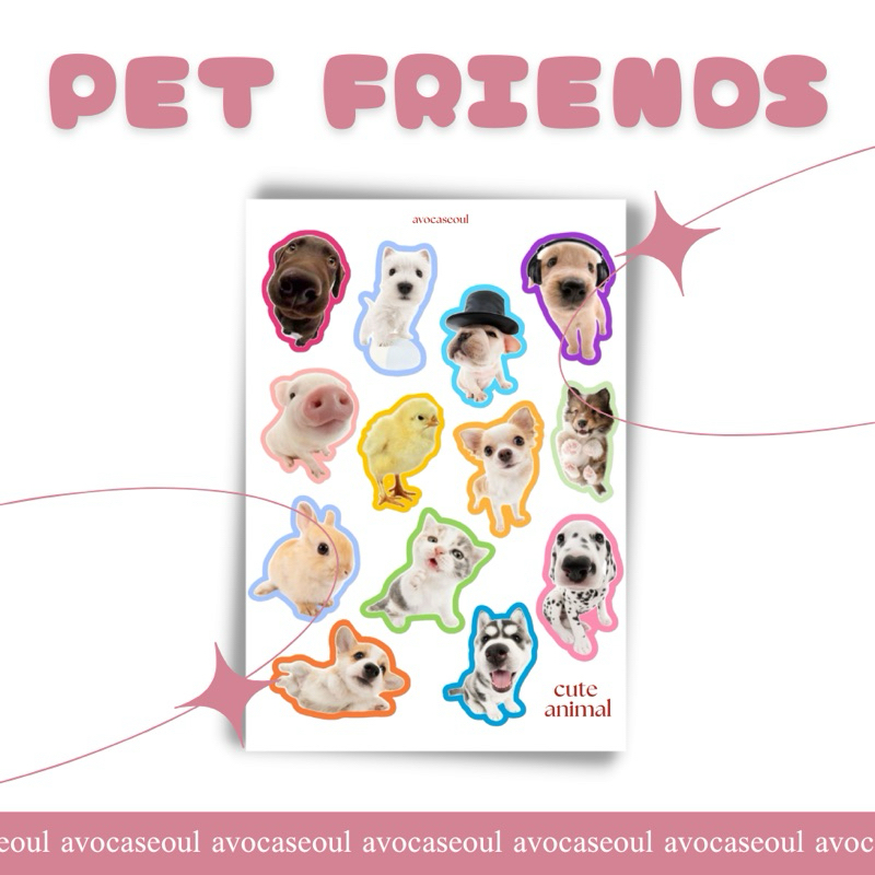 

sticker sheet pet friends aesthetic ins korea untuk dekorasi scrapbook, deco pola, journaling, phonecase, headphone, stiker lucu