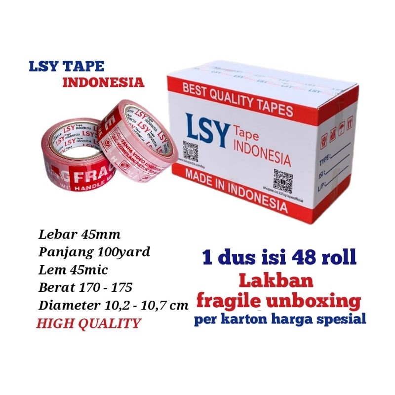 

Al lakban fragile unboxing mix LSY TAPE 45mm x 100yard 1 dus isi 48 roll ( CMH )