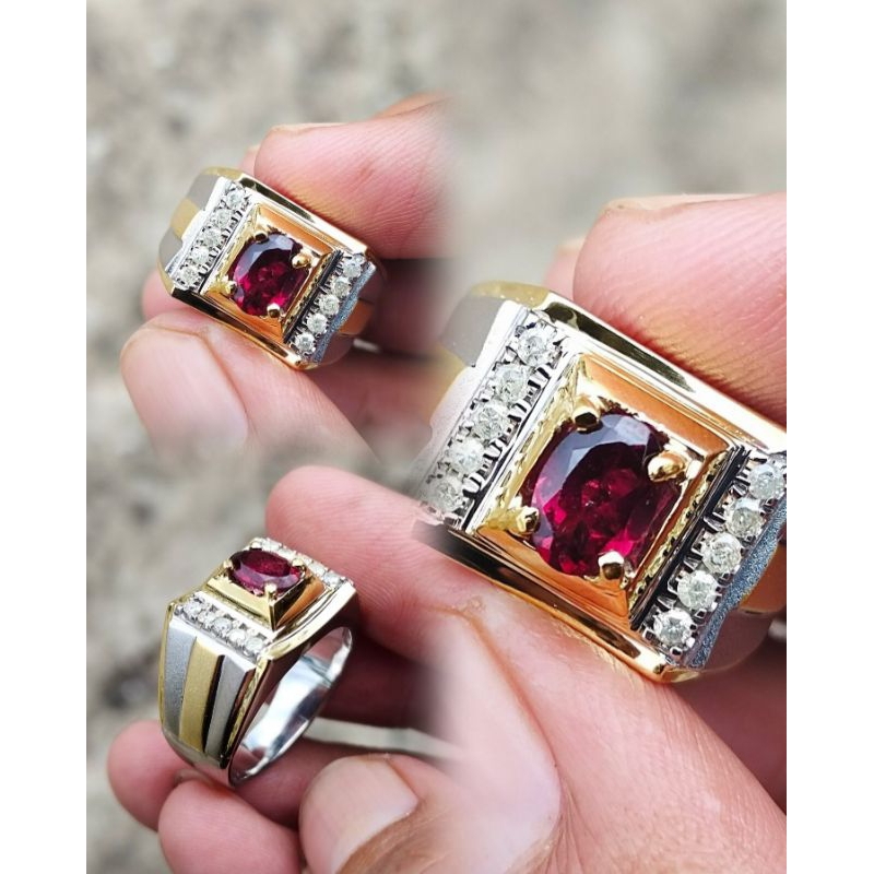 Cincin Berlian Pria Natural Berlian Batu Garnet Merah Asli Original Diamond Intan Perak Murah