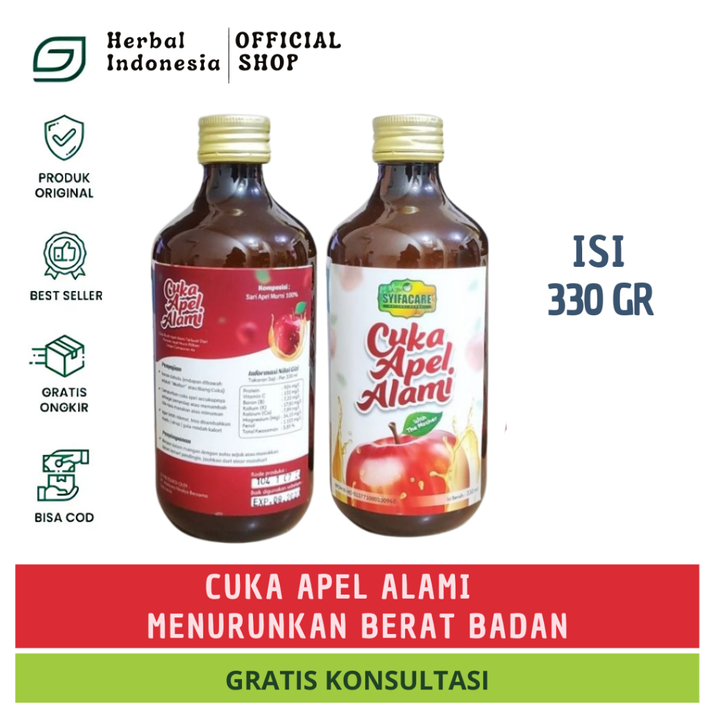 

Syifacare - Cuka Apel Alami 330ml - Natural Apple Cider Vinegar Premium With The Mother - 100% Sari Buah Apple | Membantu Menurunkan Berat Badan