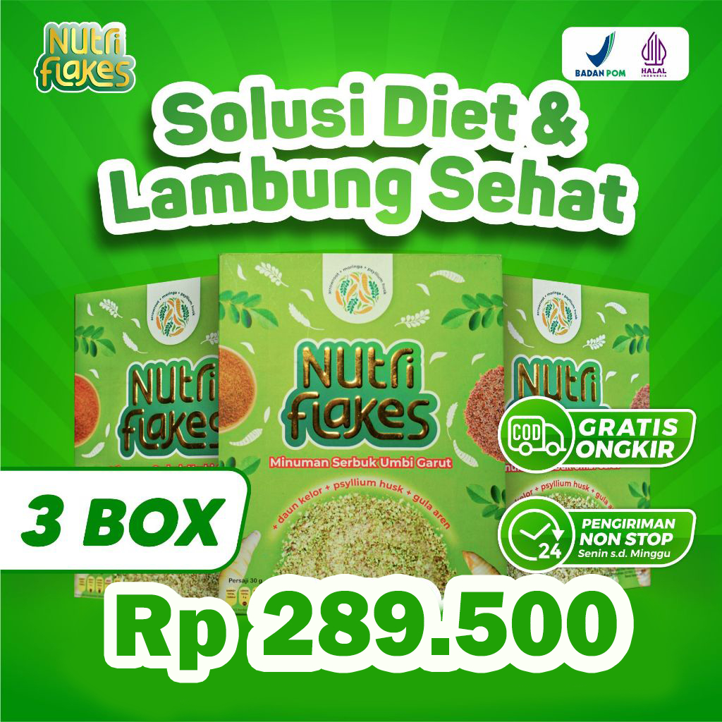 

Paket 3 Box Minuman Serbuk Umbi Garut Nutriflakes Solusi Untuk Diet Dan Lambung Sehat 280 Gram