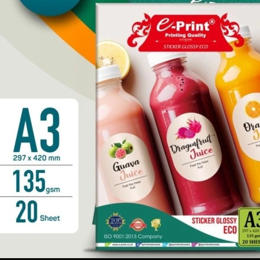 

Glossy Sticker Eco A3 e-print 135gsm 20 lembar Kertas Sticker Putih