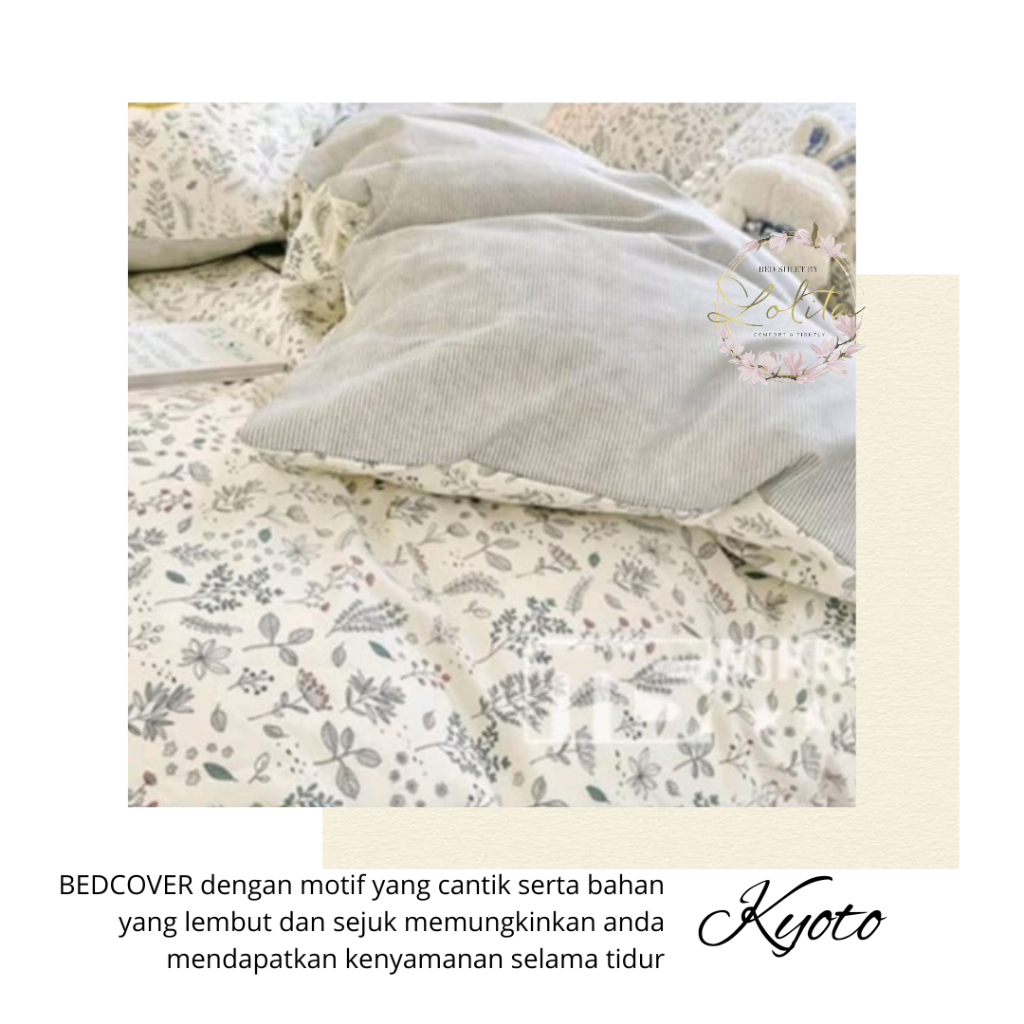 Set Bed Cover 180 x200 160 x200 120 x200 Bunga Kecil Motif Kyoto x Abu Muda Sprei King Queen Single