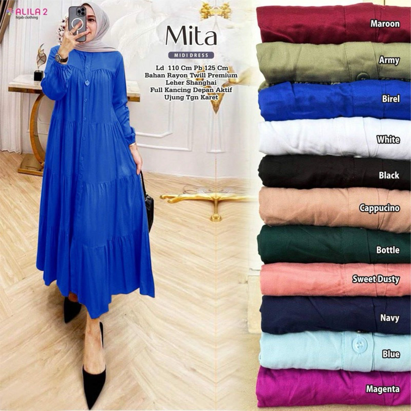 Mita midi dress alila rayon twill uniqlo premium tebal adem nyaman kancing aktif susun umbrella mayu
