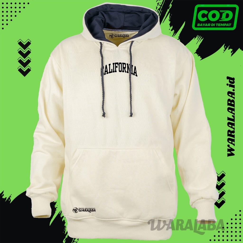 Jaket Hoodie Distro Pria Dan Wanita Warna Cream Sweater Cewek  Cowok Sablon CALIFORNIA Original Baha
