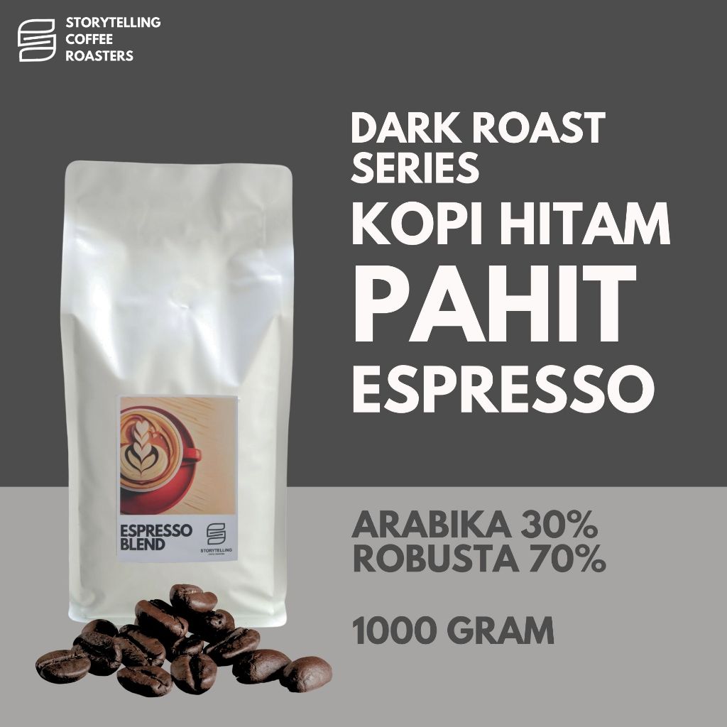

Kopi espresso blend Arabika 30% Robusta 70% dark roast / House blend coffee / 1000 Gram / 1kg biji bubuk Storytelling coffee roasters