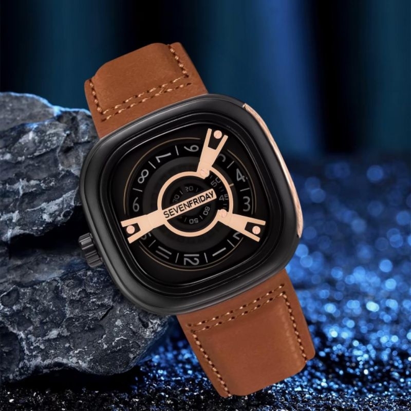 Promo Jam Tangan Pria Fashion Seven Friday Sf1986 Mode Analog Segi Kotak Tali Kulit Anti Air