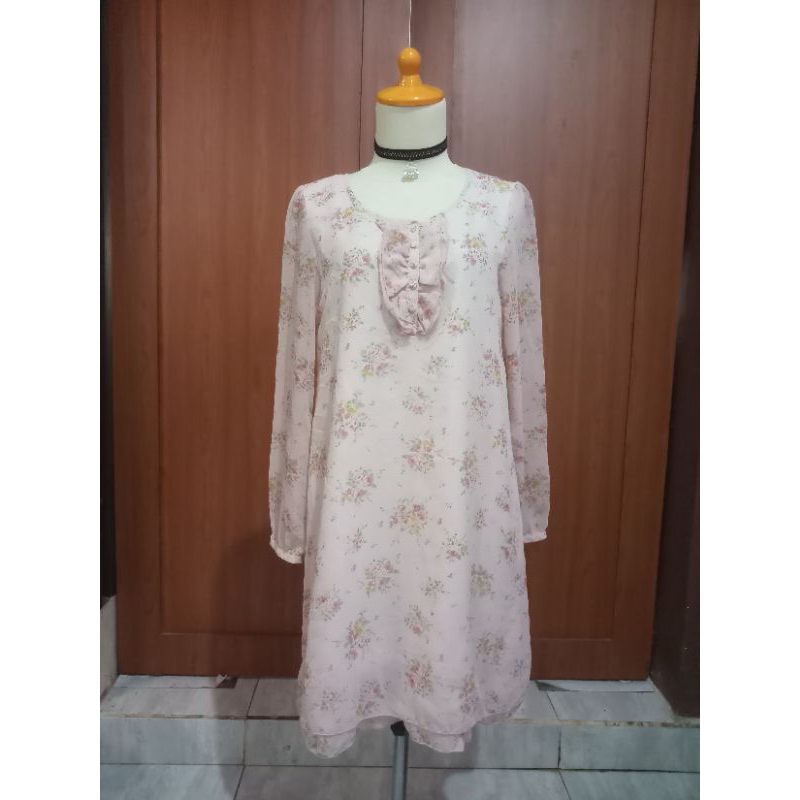 Dress Tunik Gl4c1er Pink Muda Bunga Bunga Rempel Dada Busui
