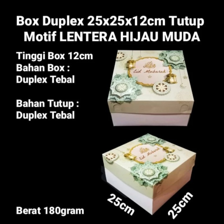 

1 Pack Isi 2 Pcs Box Duplex Lebaran Kotak Hampers Kue Atau Makanan Lainnya Motif Lentera Hijau Muda Ukuran 25x25x12cm