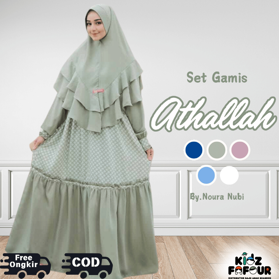 GAMIS WANITA ATHALLAH  DEWASA SETELAN HIJAB SARIMBIT BAJU MUSLIM KELUARGA FAMILY SET ORI NOURA NUBI