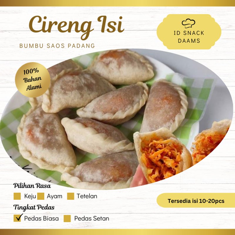 

Paket Cireng isi Ayam Suwir / Keju / Tetelan Sapi - Renyah Gurih - Bumbu Saos Padang