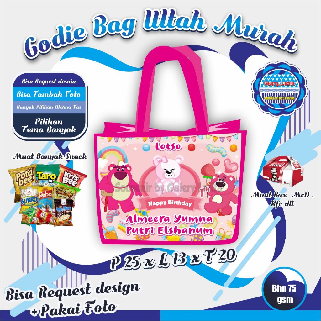 

GOODIE BAG ULANG TAHUN CUSTOM /TAS ULTAH MURAH/ TAS ULTAH LUCU TEMA LOTSO