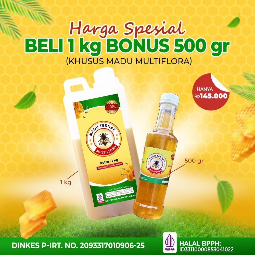 

Promo Madu Ternak Murni Multiflora 1kg Free 0,5kg